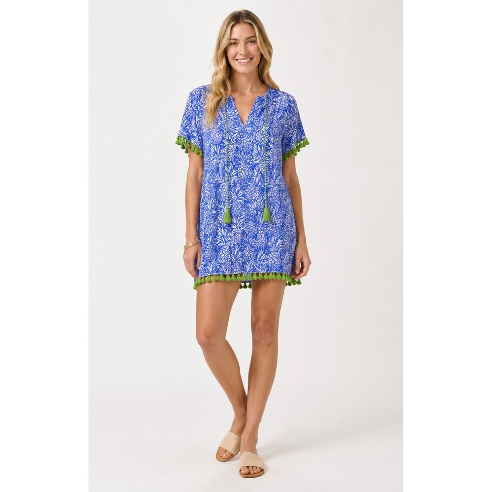 STS Sail to Sable Tunic Dress Womens Medium Blue White Cotton Pineapple PomPom